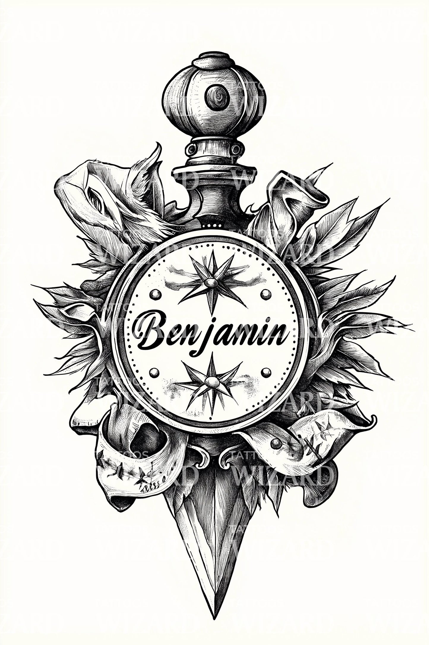 Benjamin Compass Dagger Tattoo Design