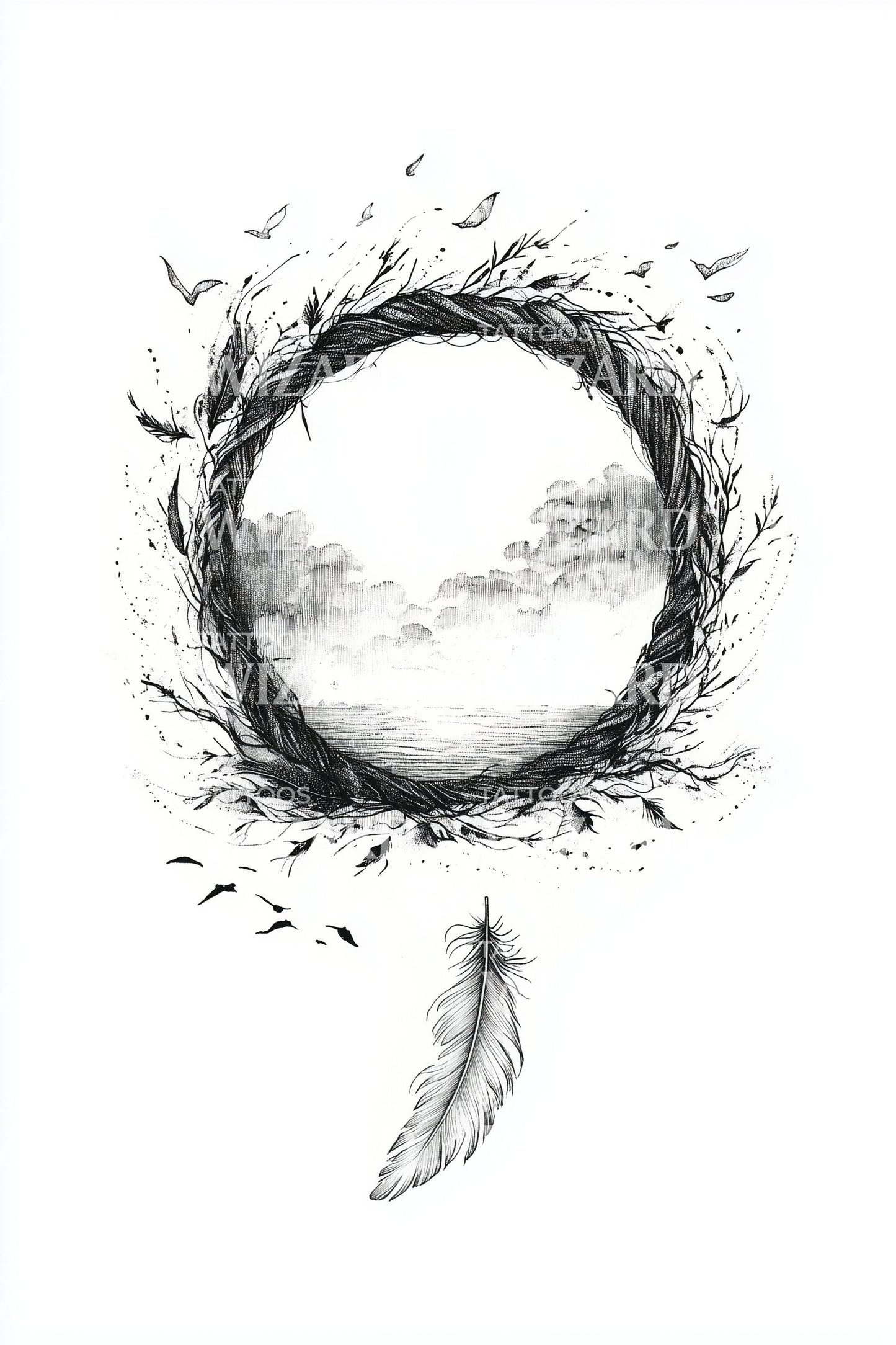 Birds in Sky Circle Tattoo Design