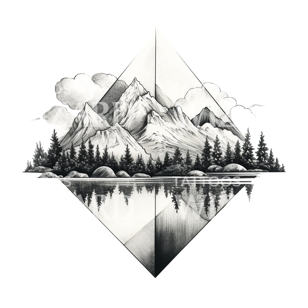 Dotwork Mountain Lake Tattoo Design