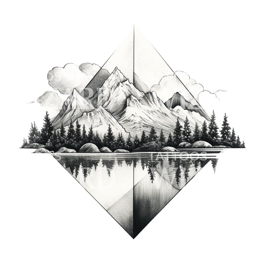 Dotwork Mountain Lake Tattoo Design