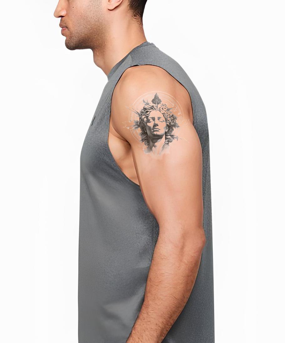 Dessin de buste de dieu grec en design de tatouage noir et gris