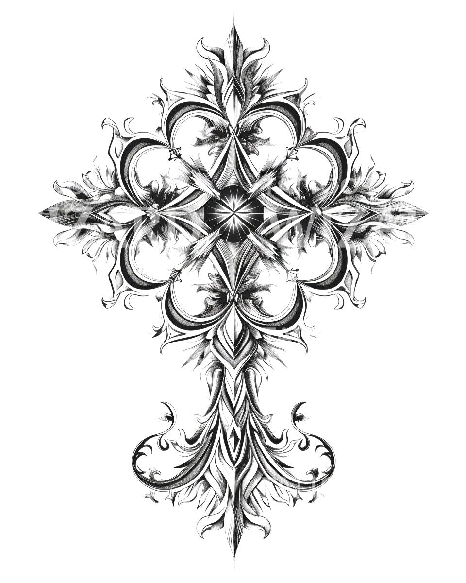 Black and Grey Ornamented Gothic Cross Tattoo Design