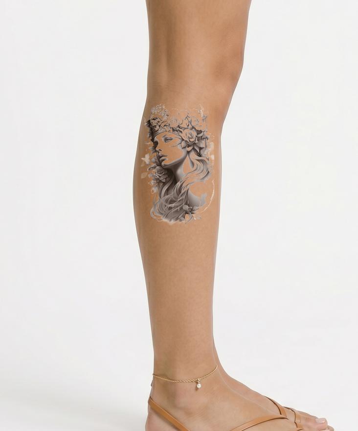 Ritratto di Donna Guerriera con Design di Tatuaggio di Fiori