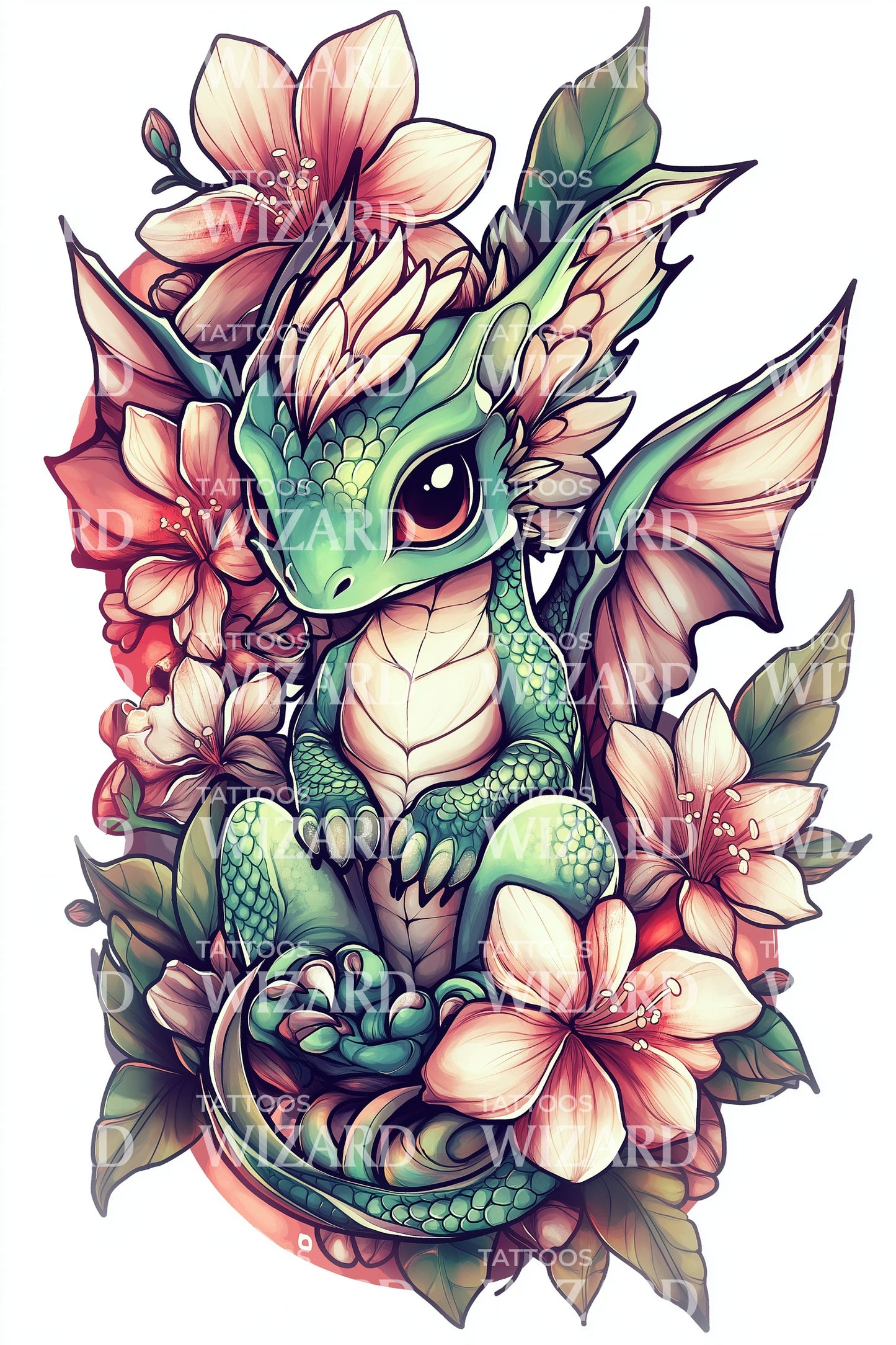 Blühendes Baby-Drachen-Tattoo-Design