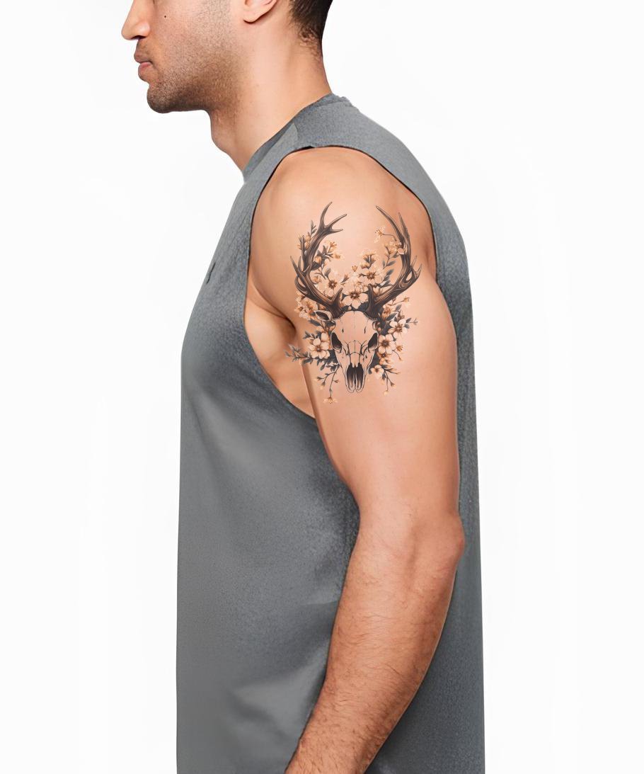 Cherry Blossom Deer Skull Tattoo Design