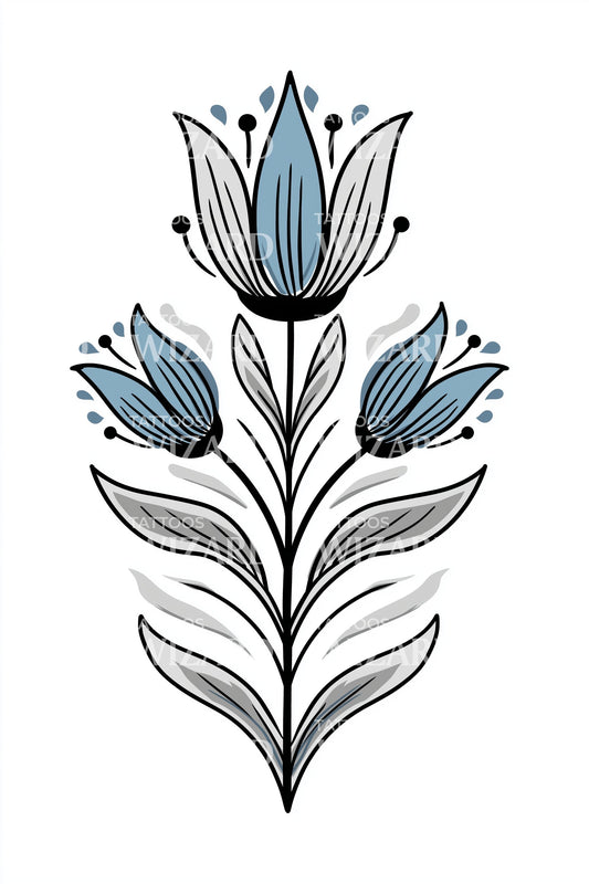 Blue Folk Tulip Stem Tattoo Illustration