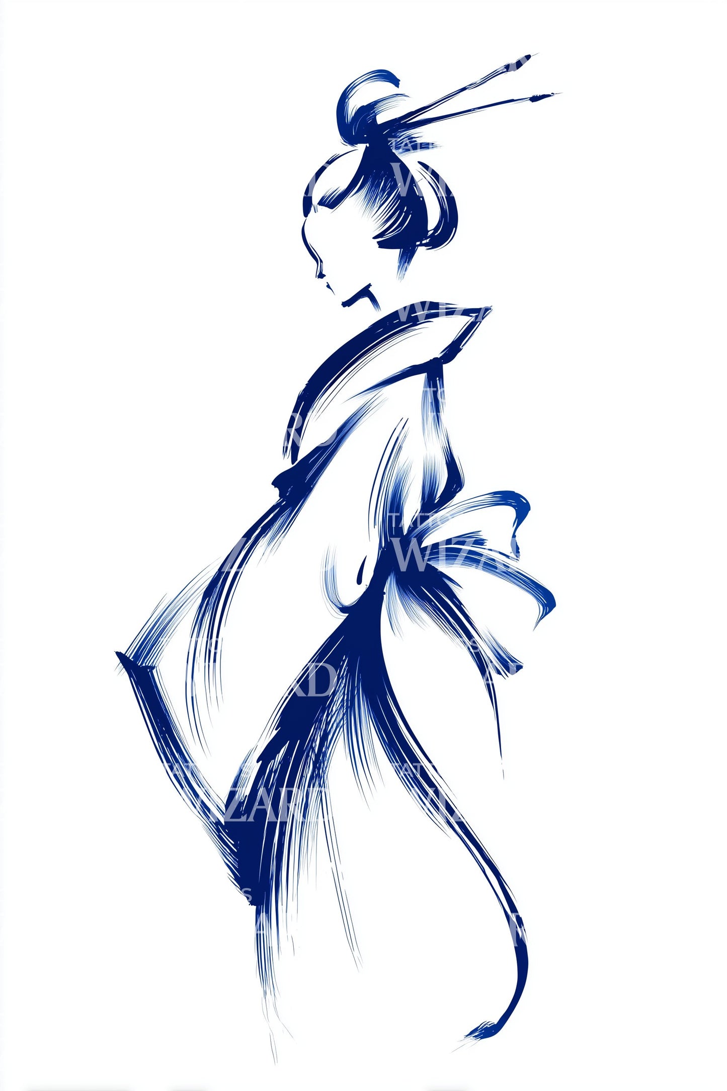 Blue Kimono Brush Geisha Tattoo Design