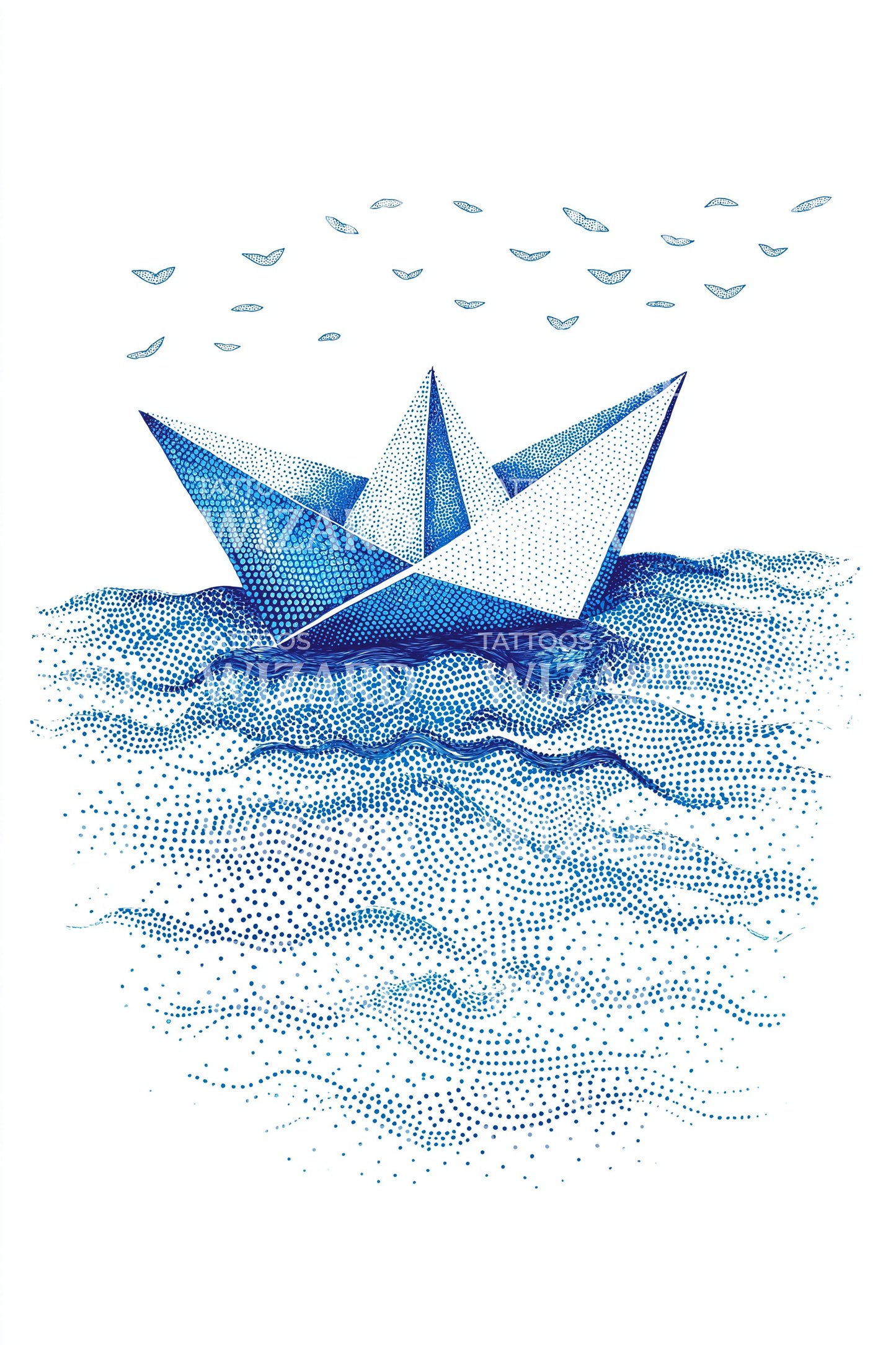 Blue Origami Boat Tattoo Design