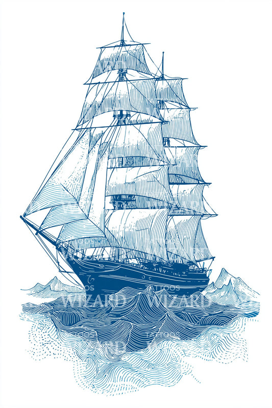 Blue Tall Ship Tattoo Design