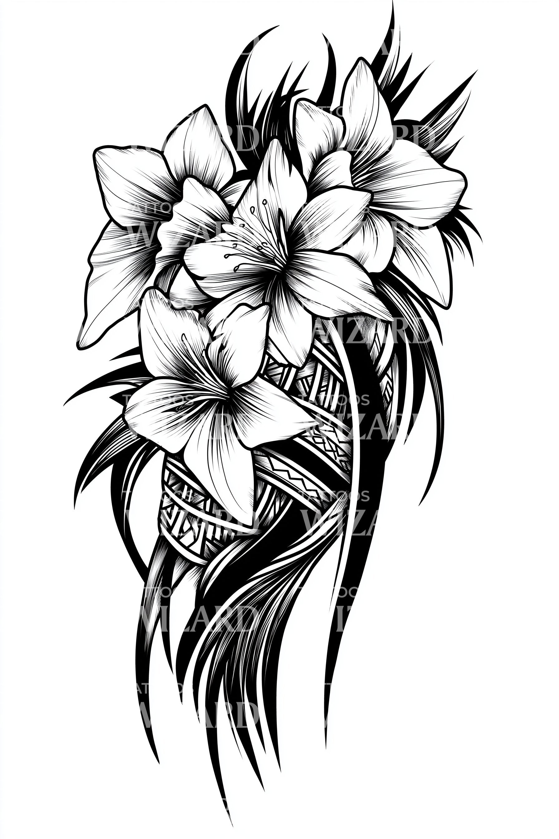lily flower tattoo flash Bold Lily Bouquet Tattoo Illustration – Tattoos Wizard Designs