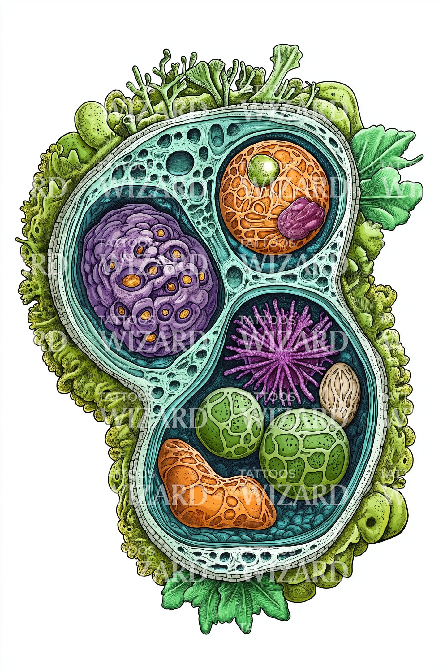Botanical Cell Habitat Tattoo Illustration