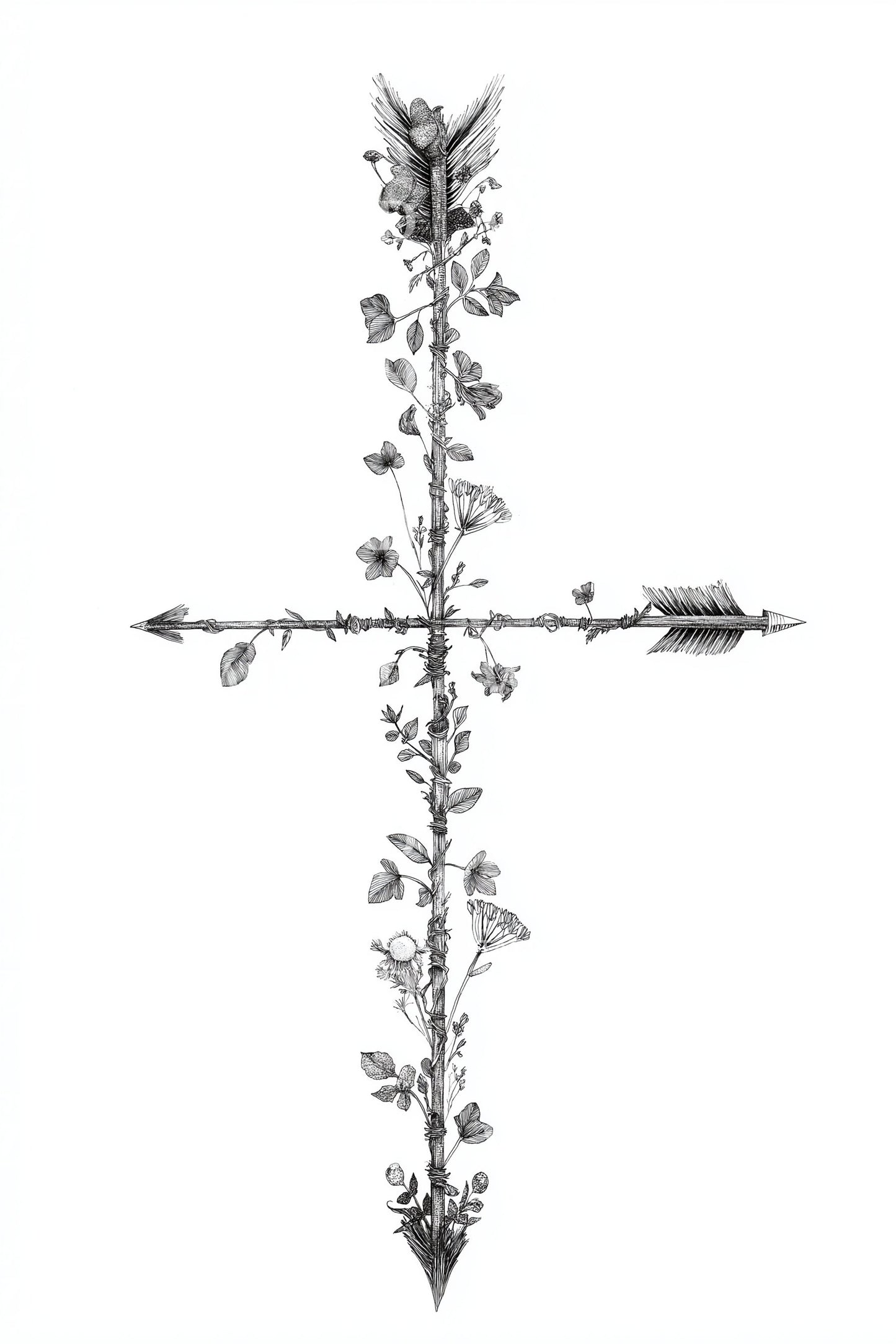 Botanical Cross Arrow Tattoo Design