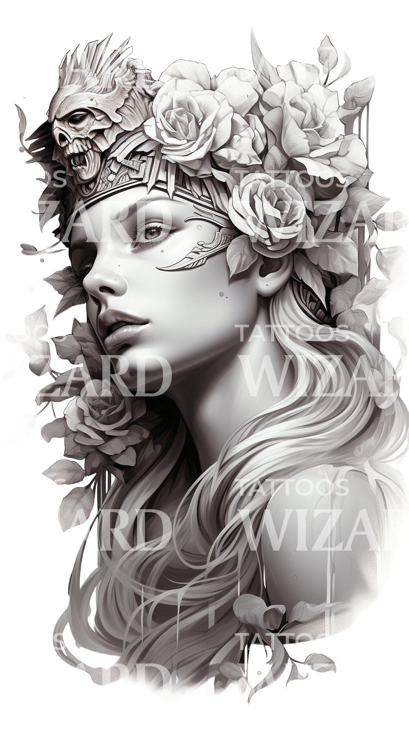 Warrior Woman Portrait with Flowers Tattoo Design