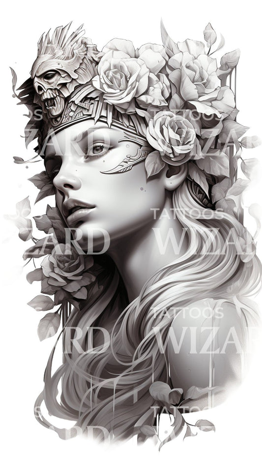 Warrior Woman Portrait with Flowers Tattoo Design