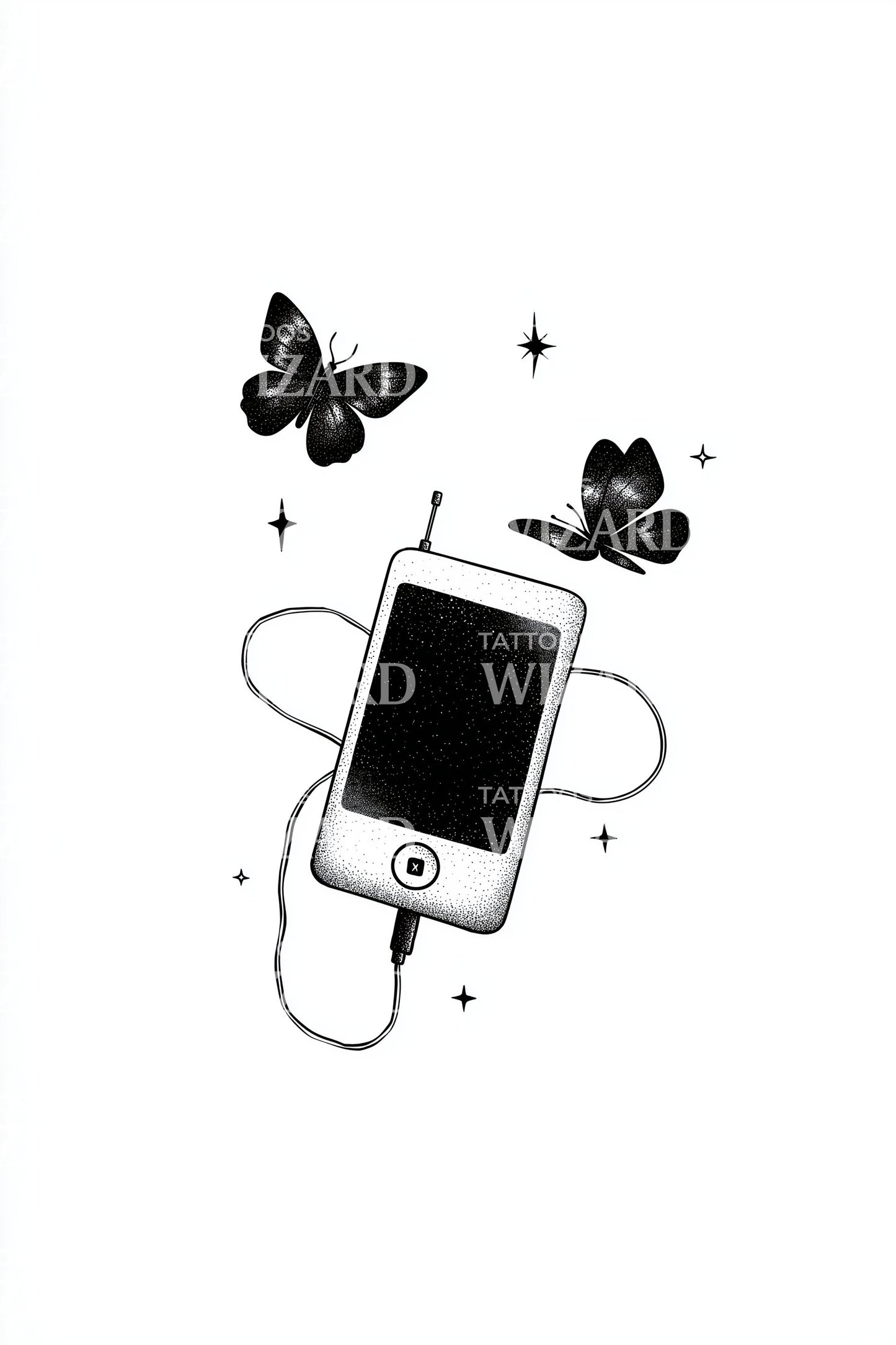 Design de Tatuagem de Borboletas e Tocador de Música