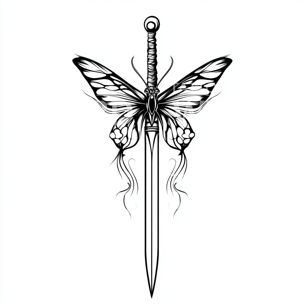 Butterfly and Dagger Tattoo Illustration with Elegant Lines