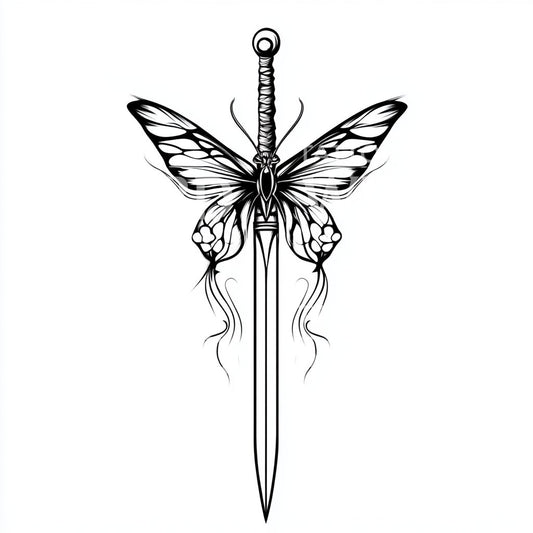 Butterfly and Dagger Tattoo Illustration with Elegant Lines
