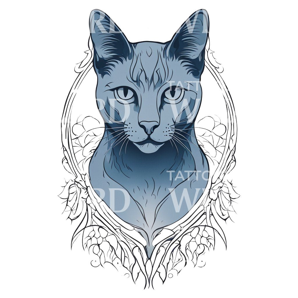 Russian Blue Cat with Floral Patterns Tattoo Design