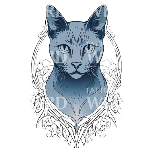 Russian Blue Cat with Floral Patterns Tattoo Design