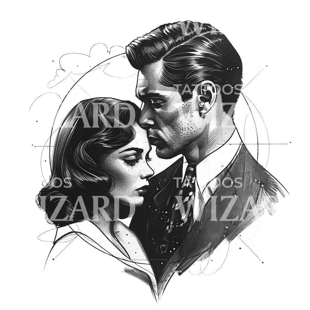 Vintage Couple Dotwork Tattoo Design