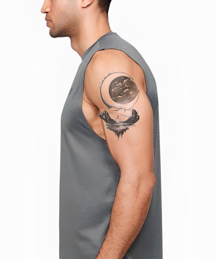 Moonlit Canyon Reflection Tattoo Illustration
