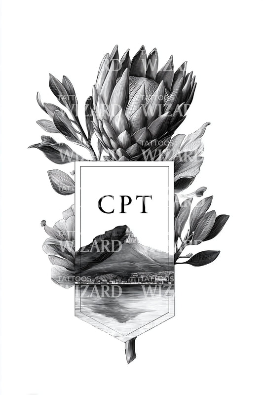 Cape Town CPT Protea Emblem Tattoo Design