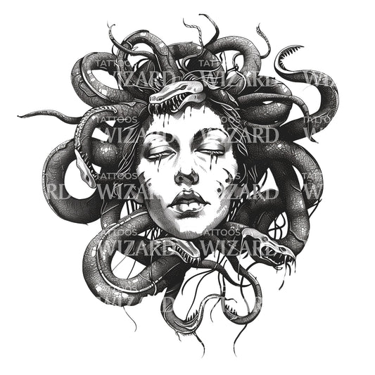 Captured Gorgon With Eyes Closed Tattoo Idea
