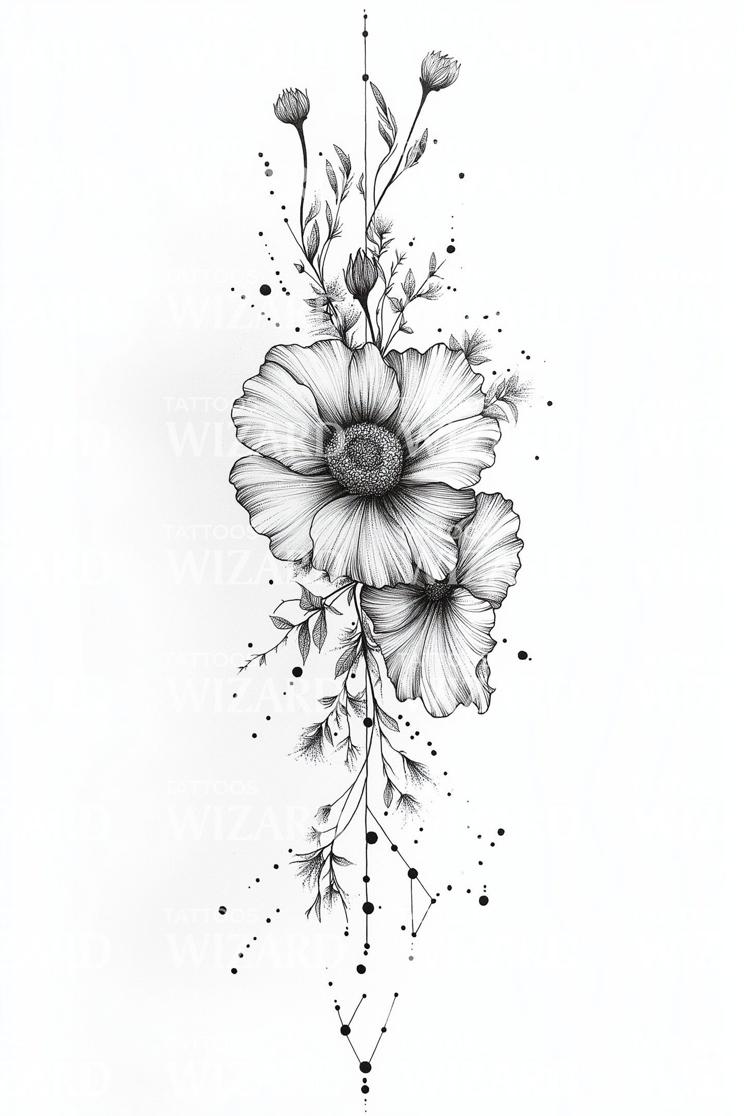 Kaskad av vilda blommor linjetatuering design