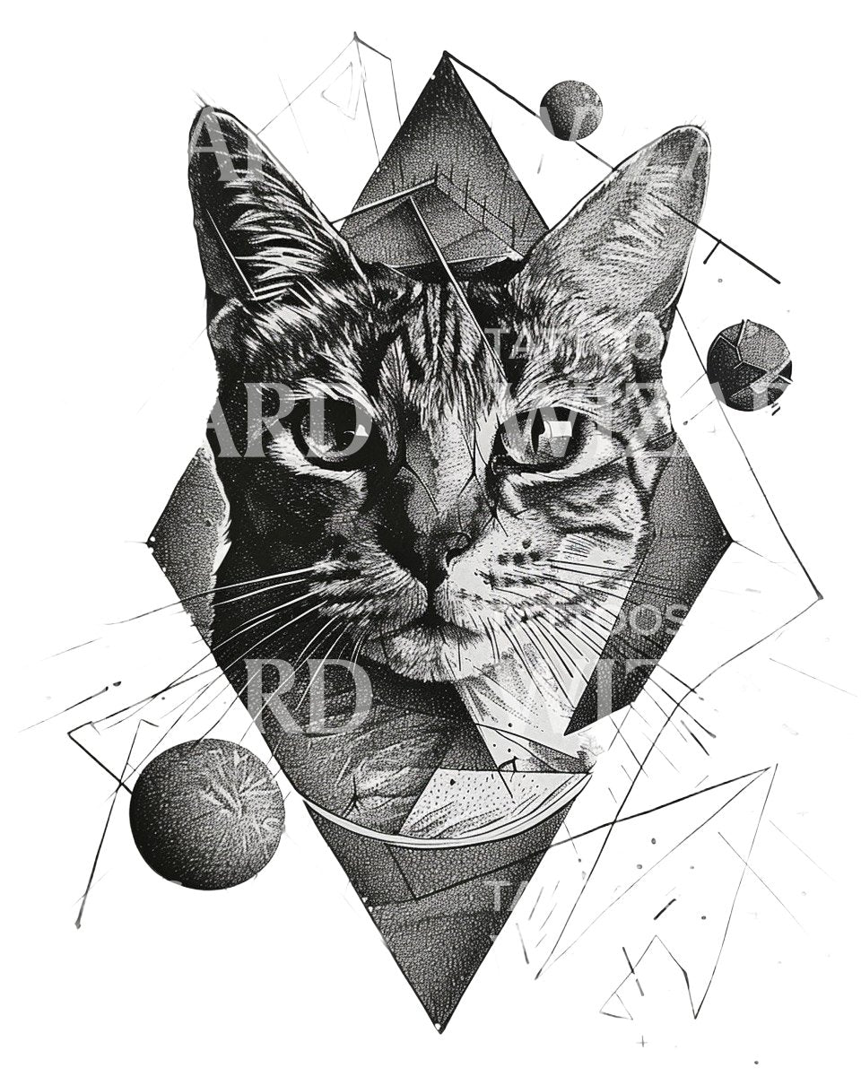 Cat and Geometric Cosmic Shapes Tattoo Design