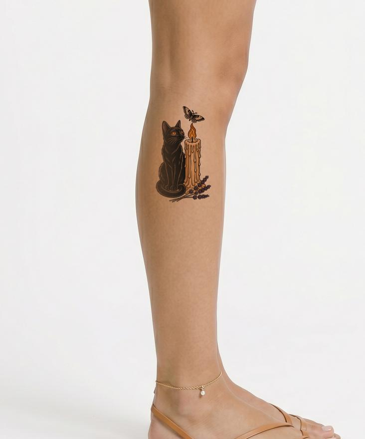 Tatoveringsdesign med sort kat og stearinlys