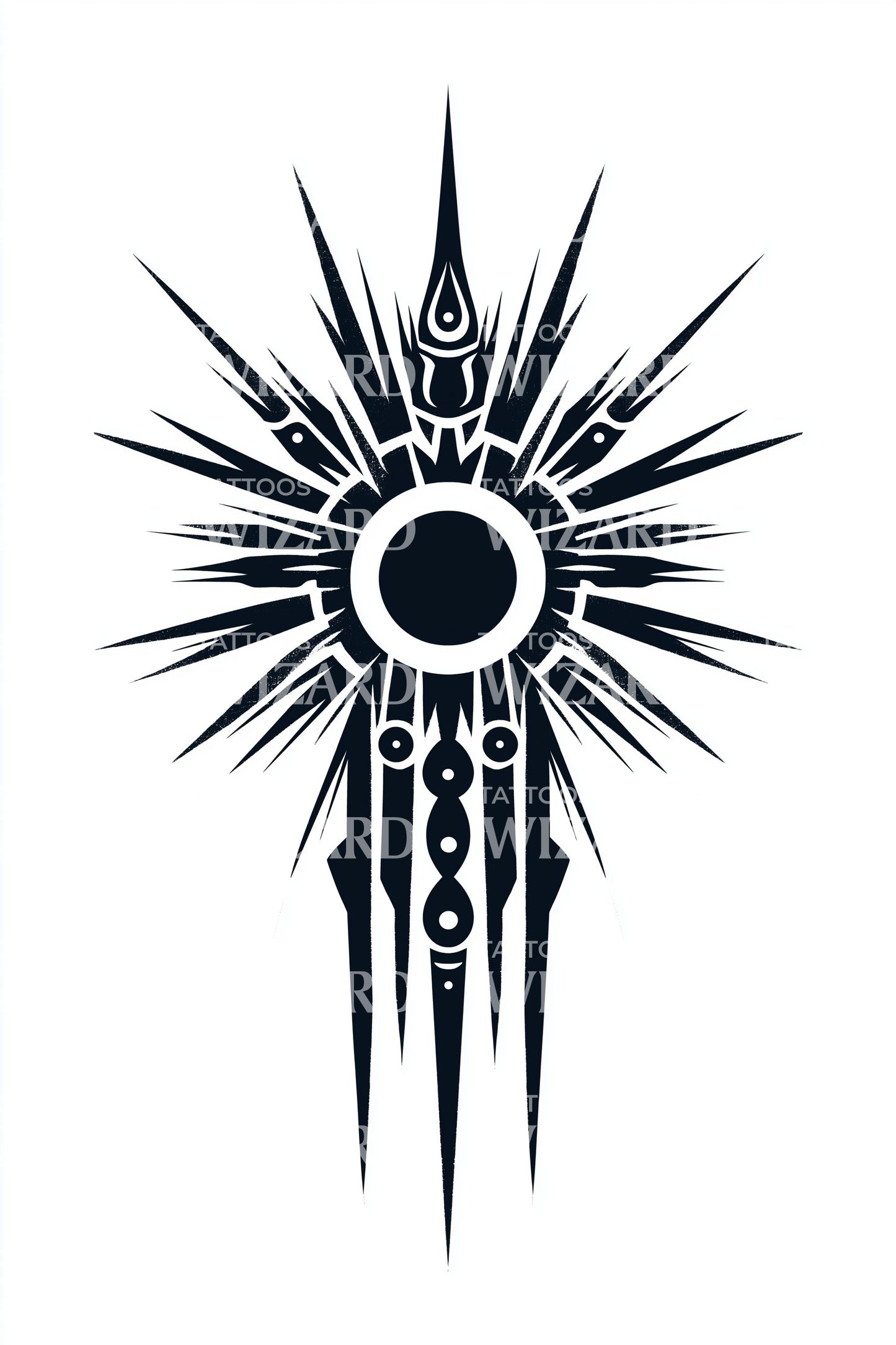 Celestial Sunburst Spear Tattoo Design