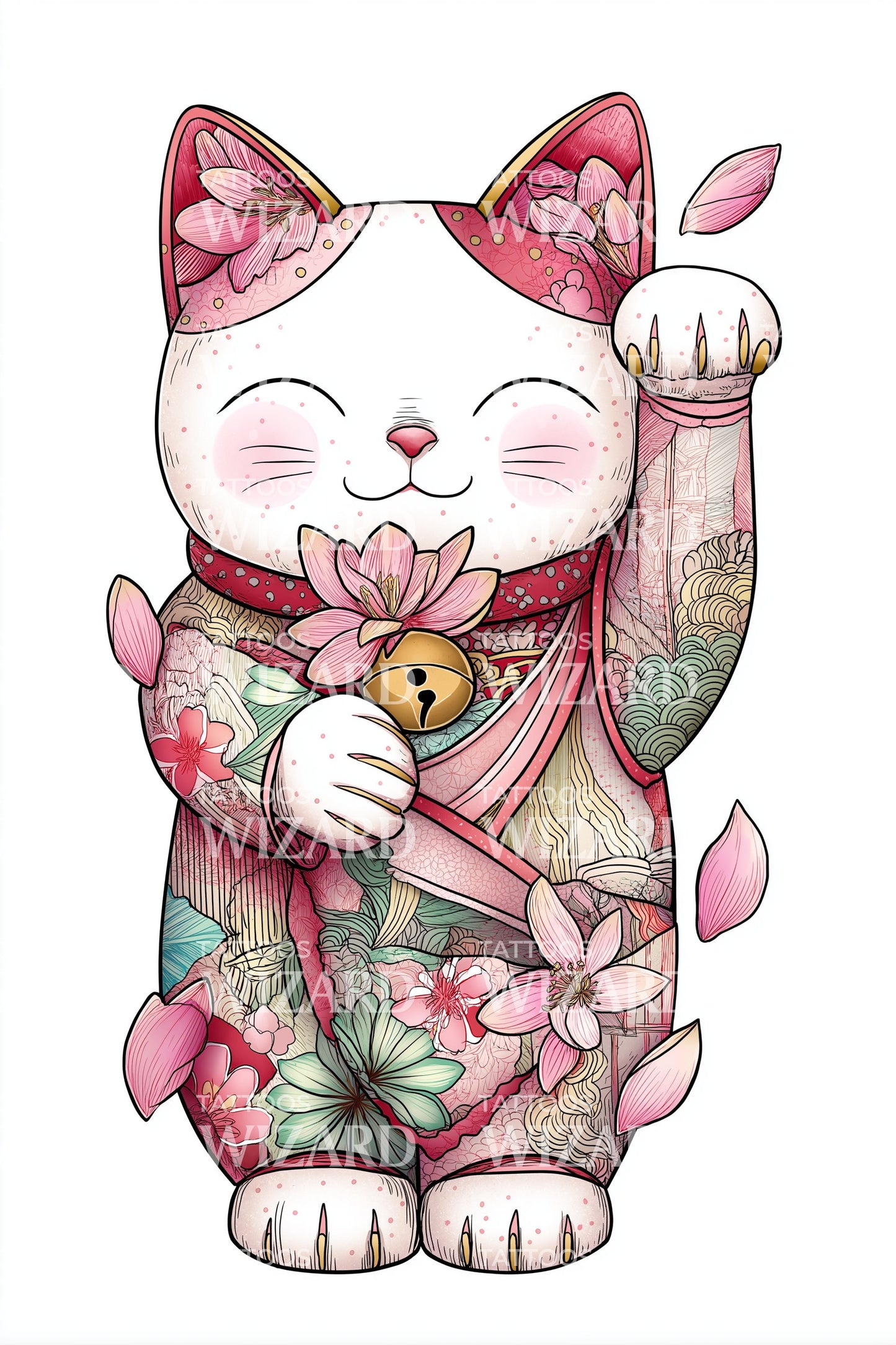 樱桃和服猫纹身设计