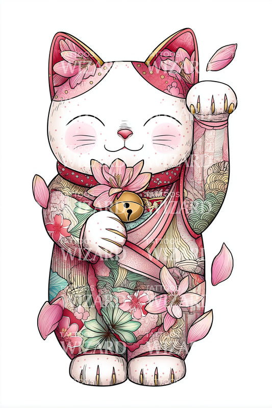 樱桃和服猫纹身设计