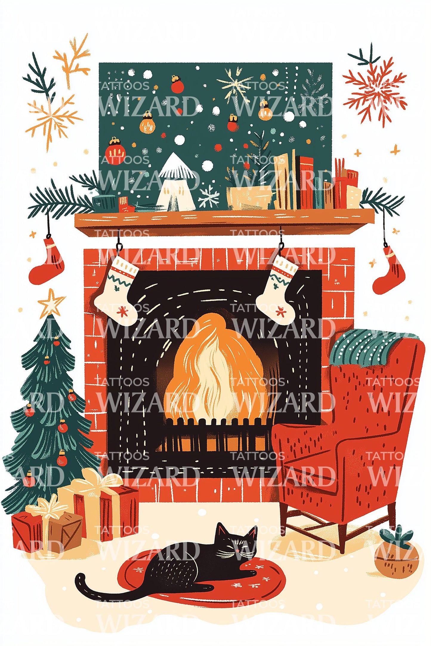 Christmas Living Room Fireplace Tattoo Illustration