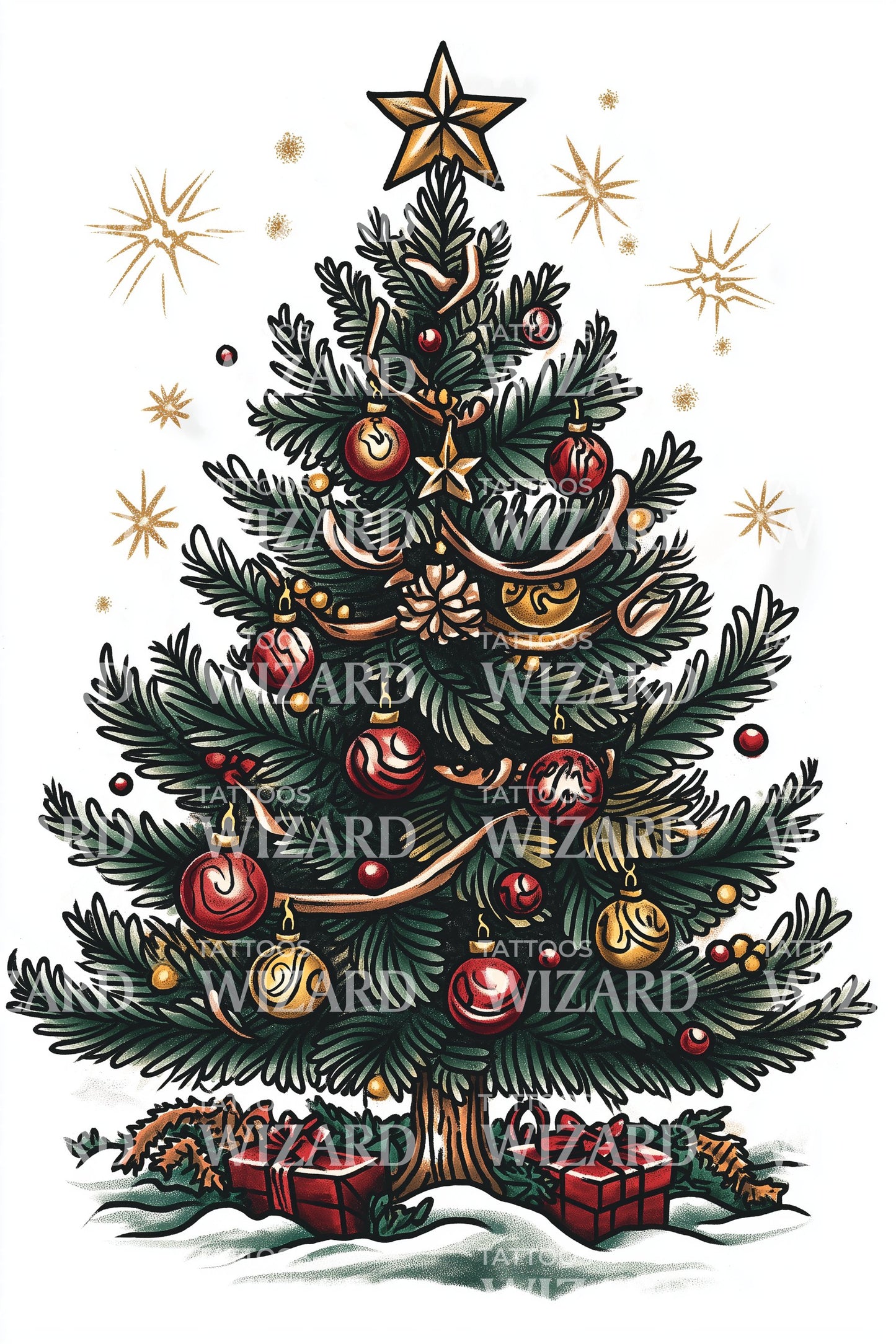 Classic Christmas Tree with Gifts Tattoo Design