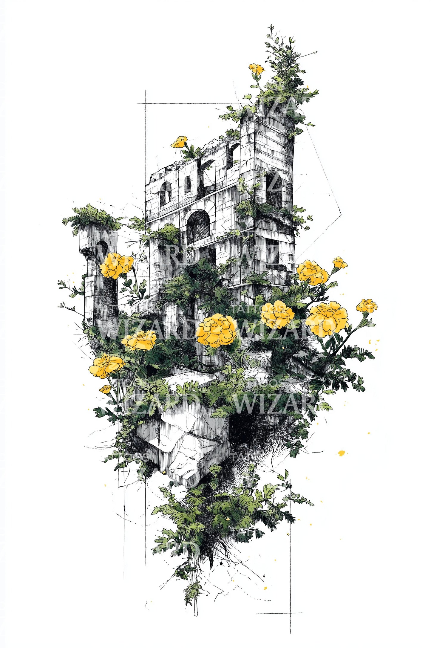 Diseño de tatuaje de vid en ruinas al borde del acantilado
