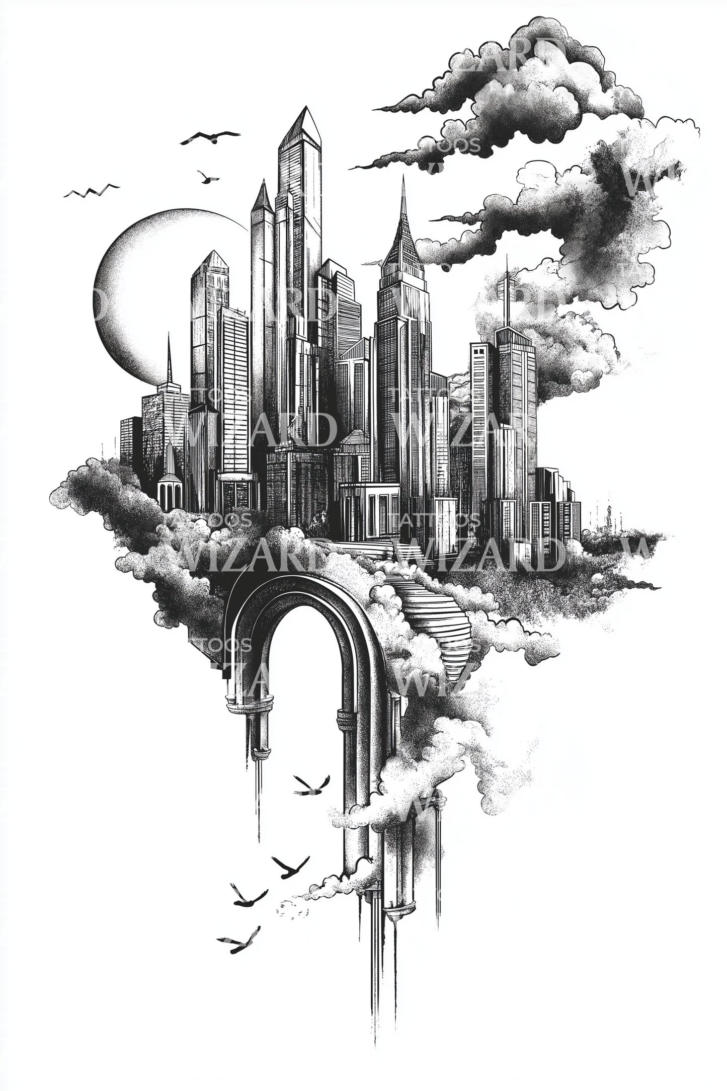 Cloud Arch Fantasy City Tattoo Illustration