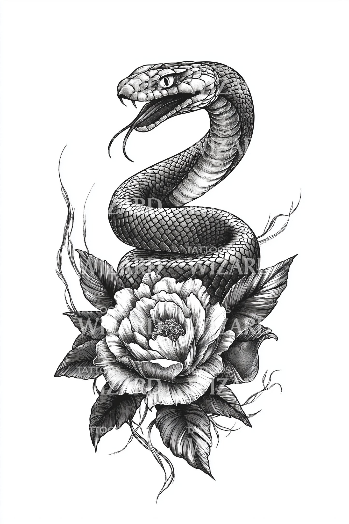 Coiled Snake Rose Tattoo Design