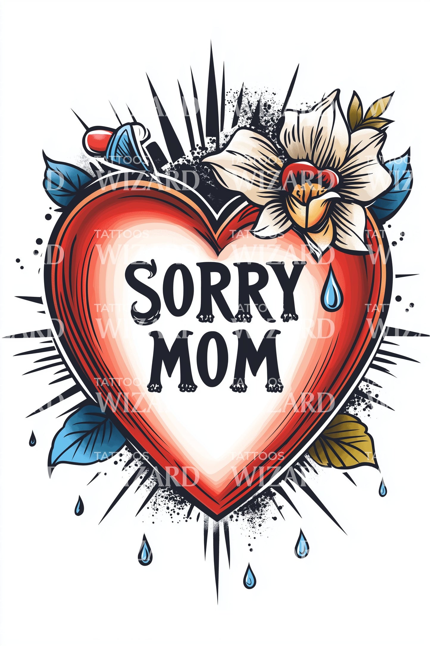 Barevný nápad na tetování srdce Sorry Mom