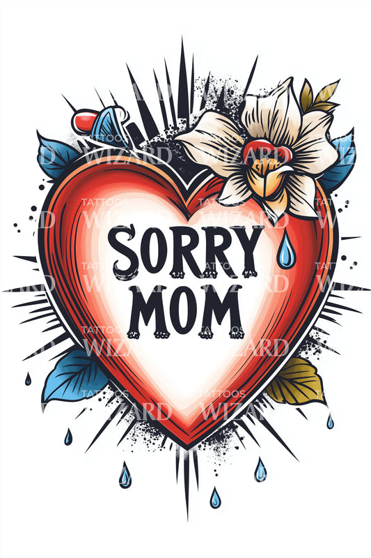 Idea de tatuaje colorido de corazón "Lo siento, mamá"