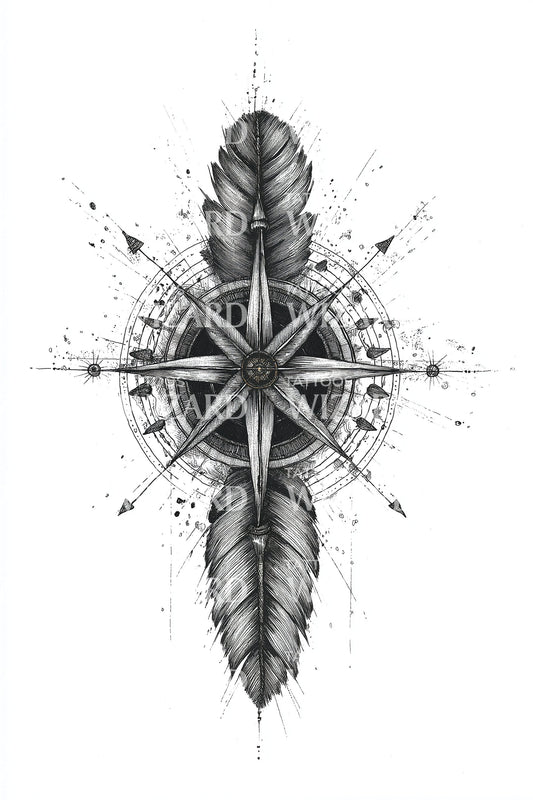 Compass Rose Feather Cross Tattoo Design