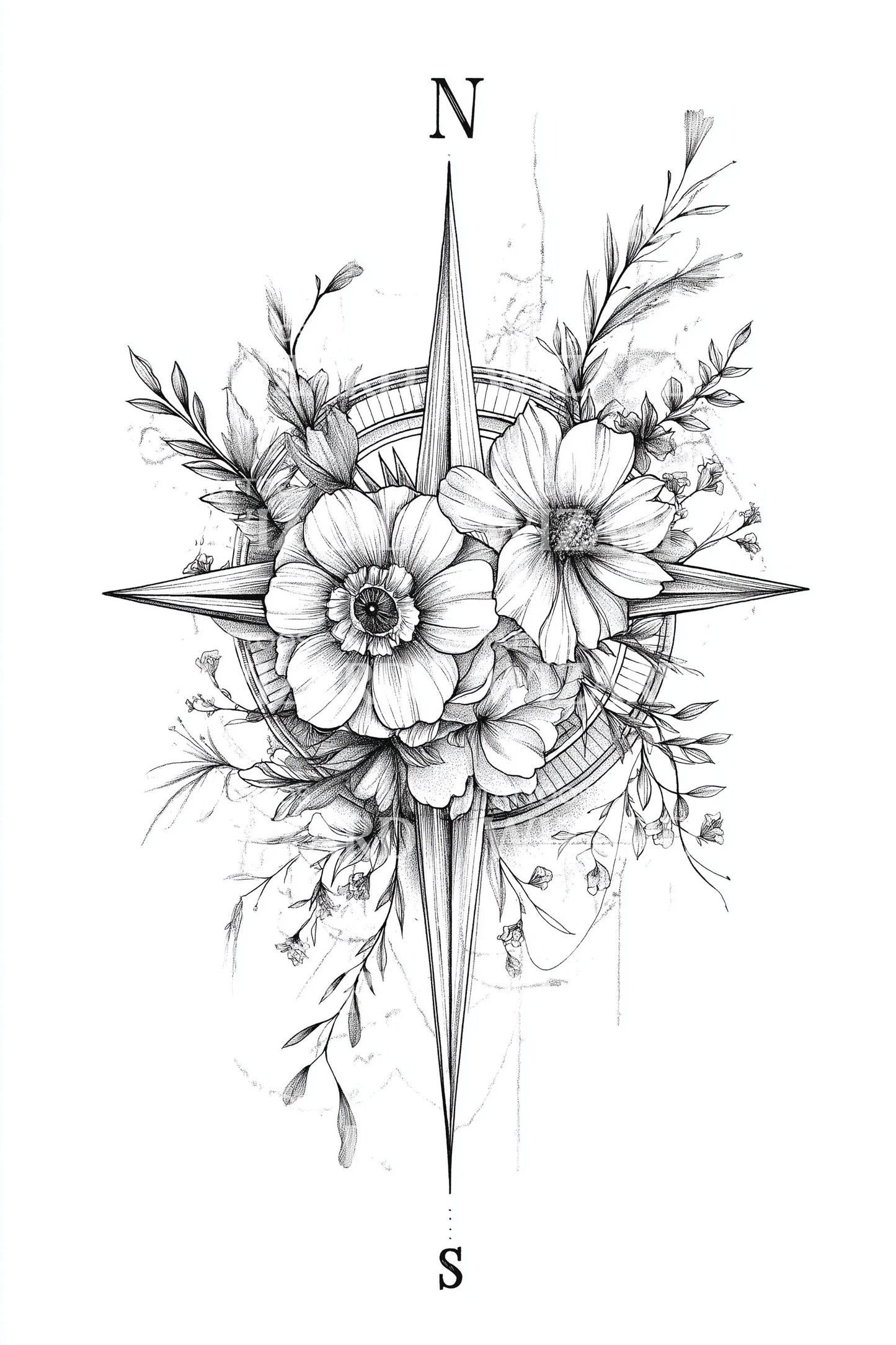 Compass Rose Flower Tattoo Design