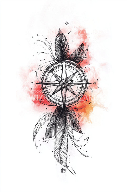 Compass Rose with Red Feathers Tattoo Illustration