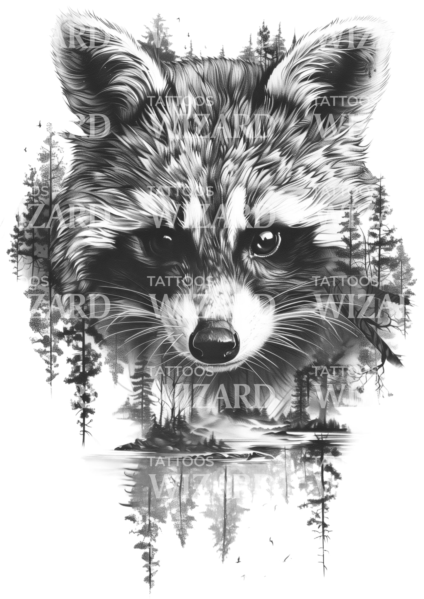 Complex Raccoon with Nature Tattoo Design