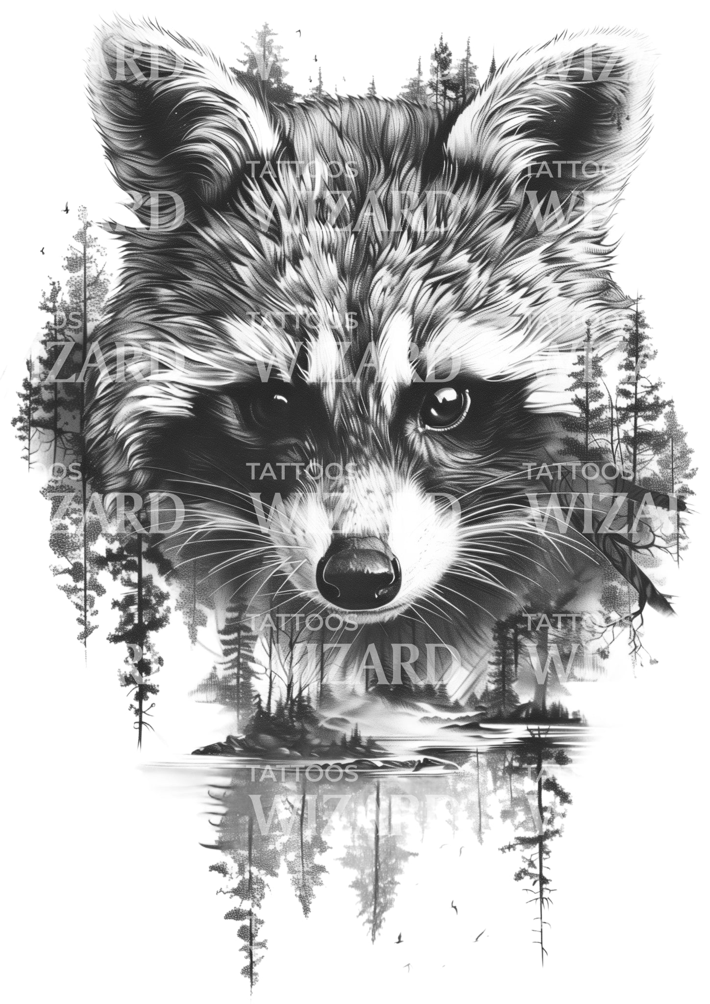 Complex Raccoon with Nature Tattoo Design