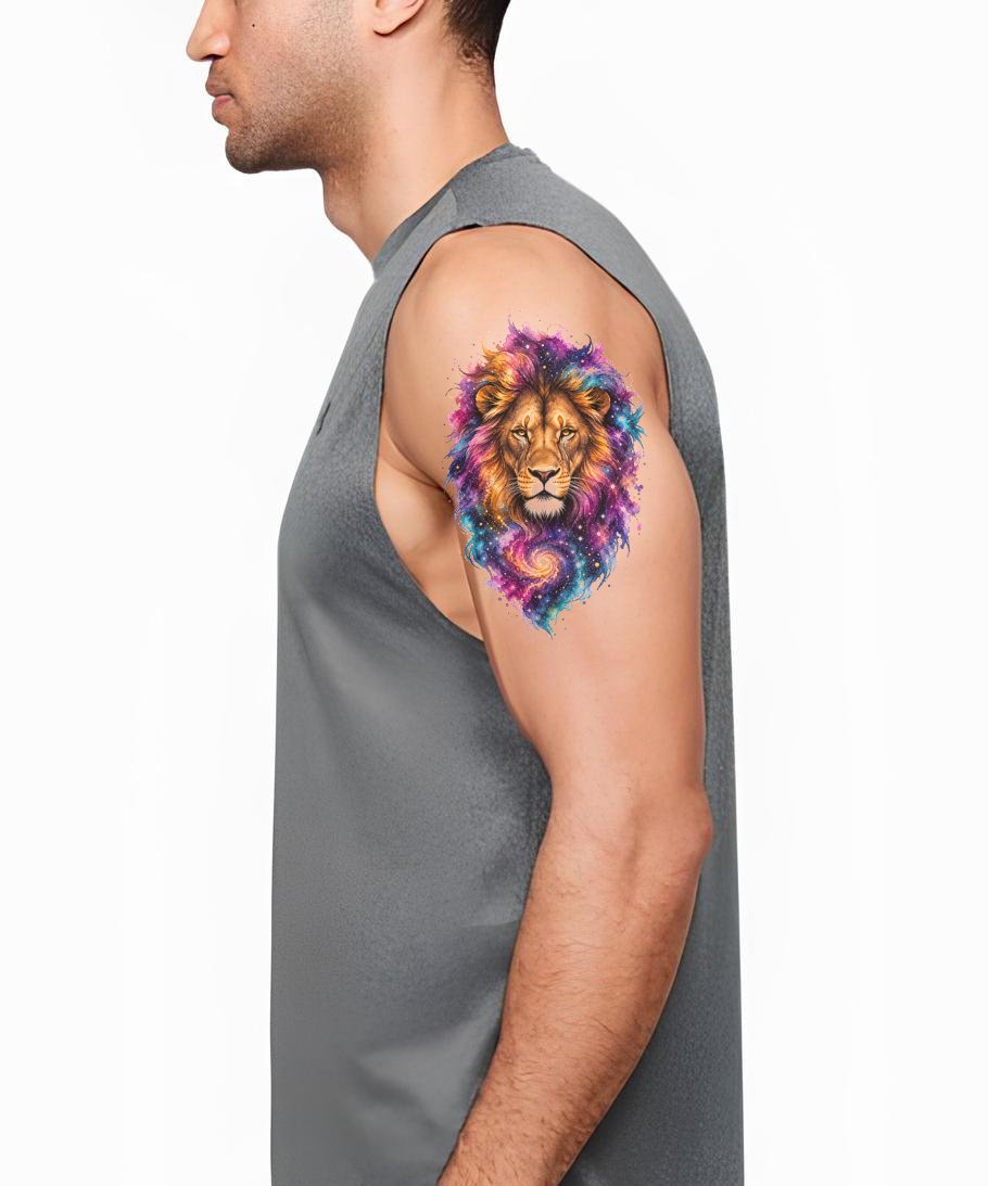 Design tetování kosmického lva v akvarelu