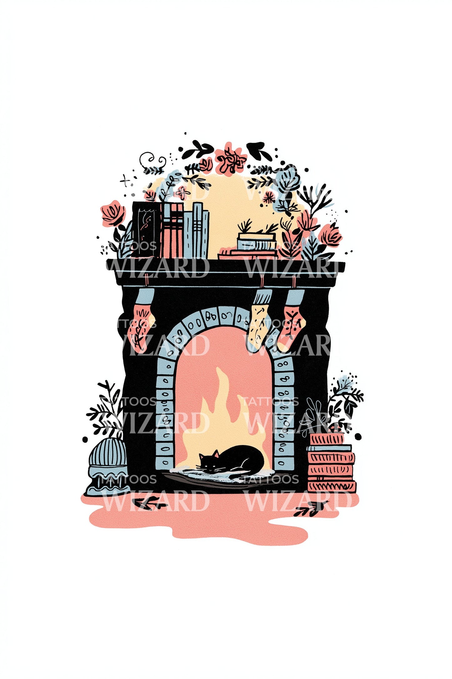 Cozy Fireplace Reading Nook Tattoo Design