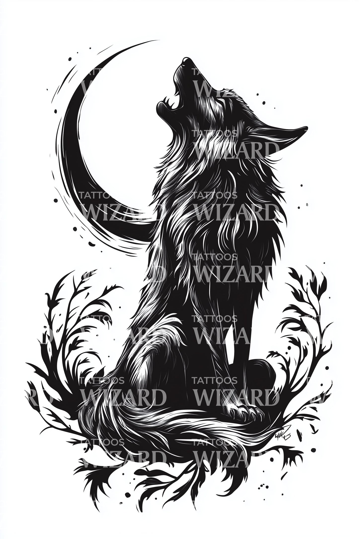 Design de tatouage Loup hurlant à la lune croissante