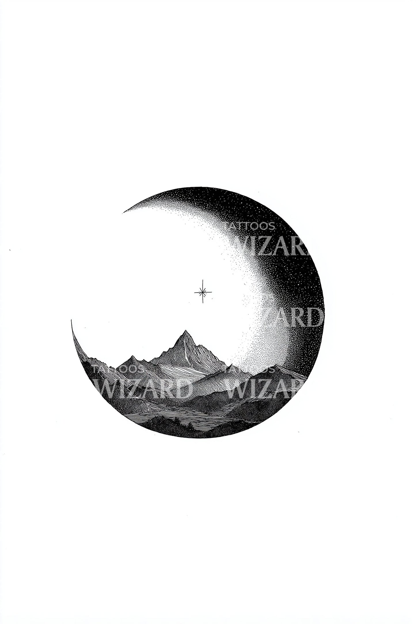 Crescent Over Peaks Tattoo Design