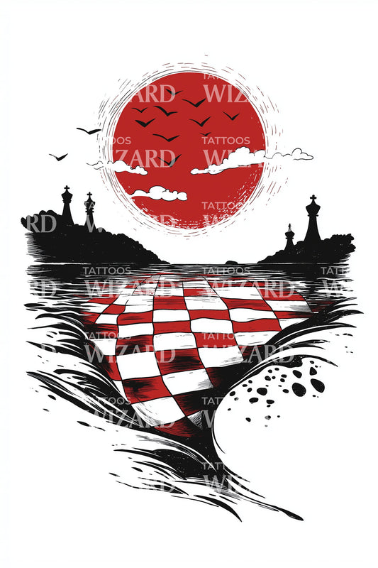 Тату-дизайн с красным солнцем в гавани Хорватии